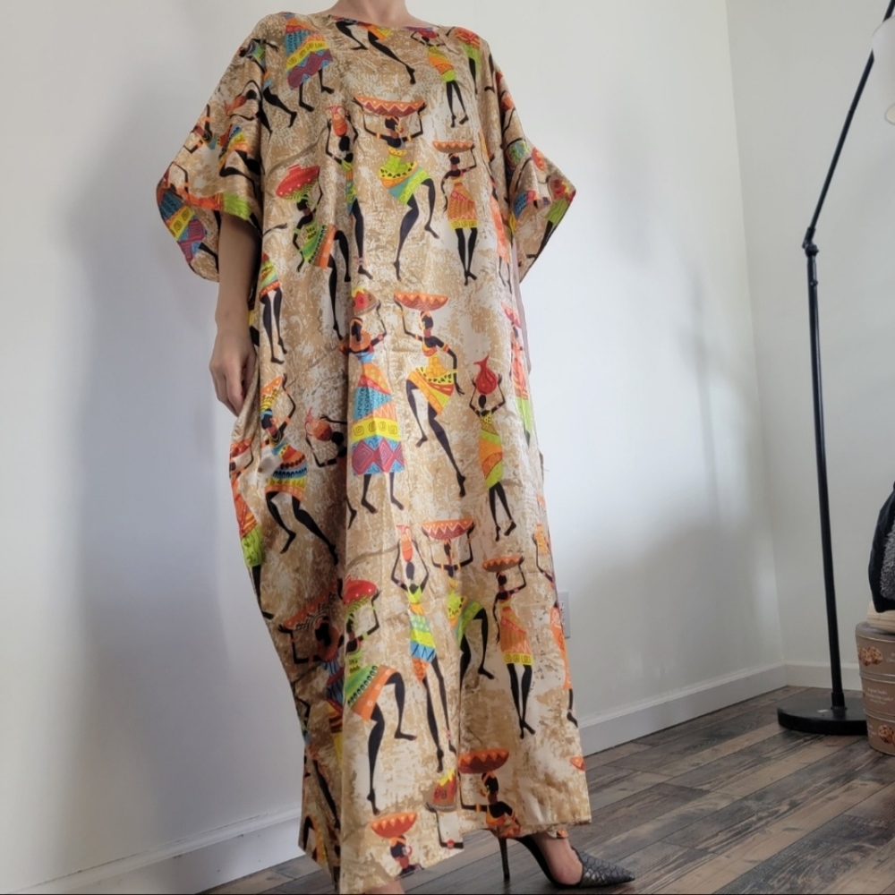 GoddessWinlar African American Multicolor Yellow Beige Long Caftan Dress OneSize